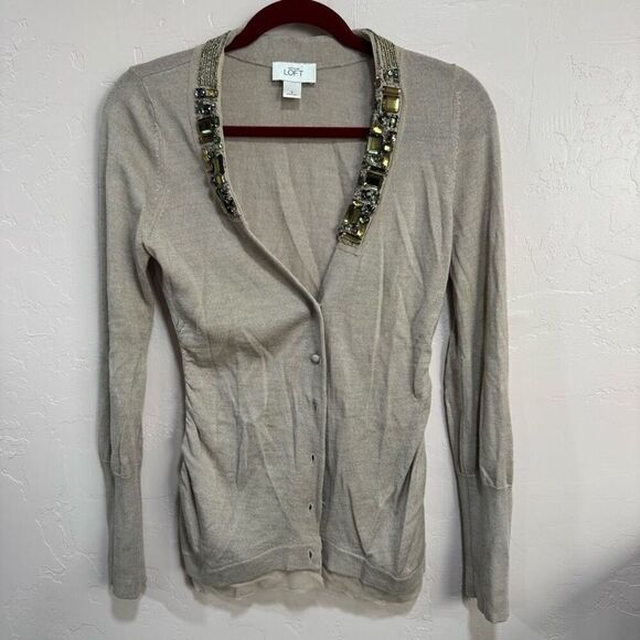 Ann Taylor Loft Taupe Beige Long Sleeve Cardigan Sweater SZ Small JEWLED V NECK - Picture 1 of 6